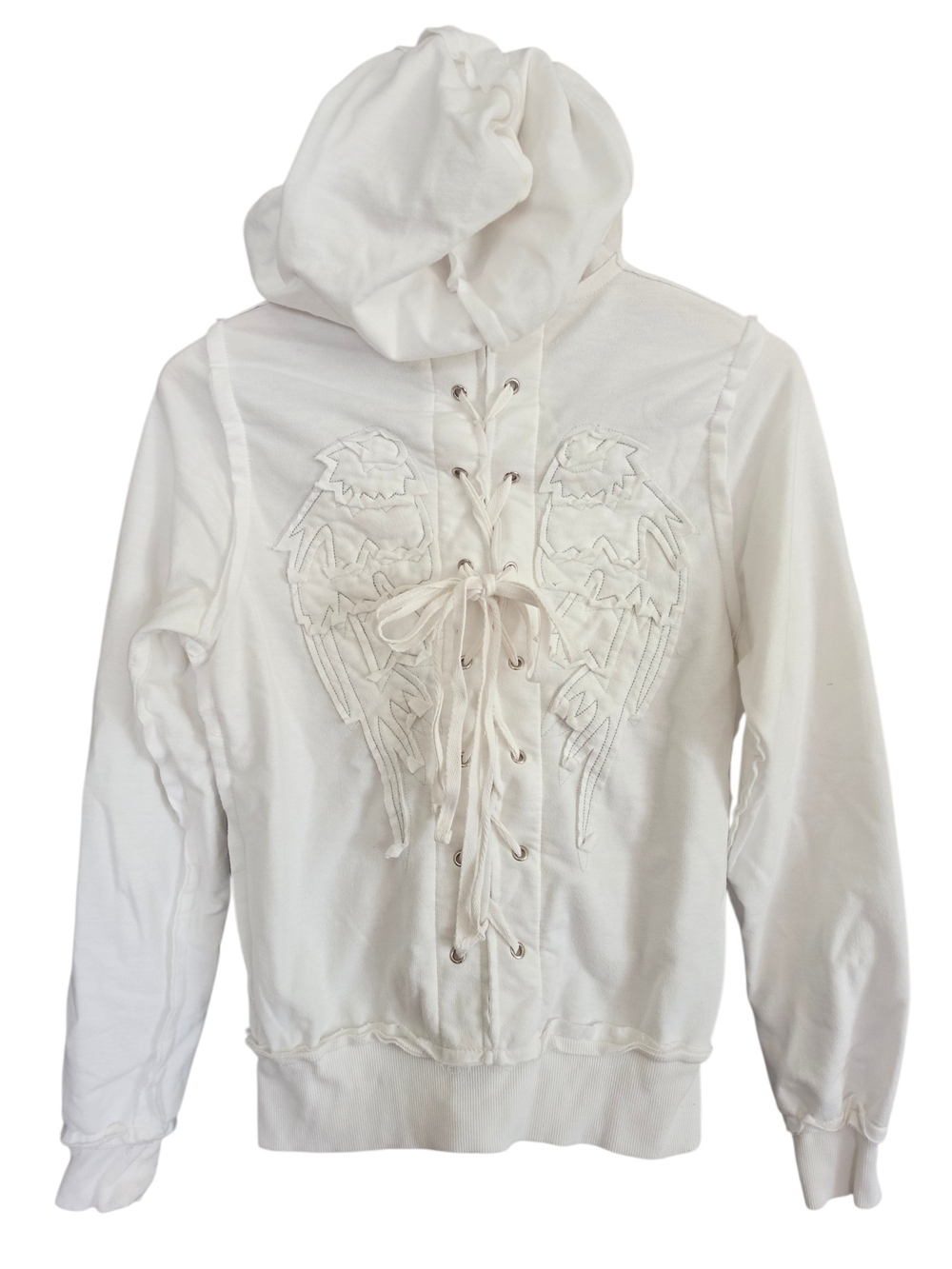 Y2K T Party Fashion White Lace-Up Hoodie with Embroidered Wing Appliqué